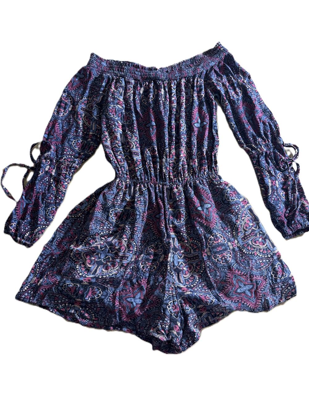 Hollister Women’s Small Paisley Off Shoulder Long Sleeve Boho Romper Blue